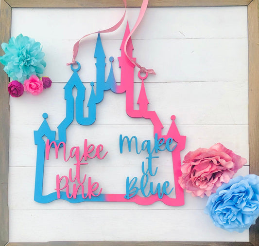 Decorative sign with castle designs and text 'Make it Pink' and 'Make it Blue' on a white background.