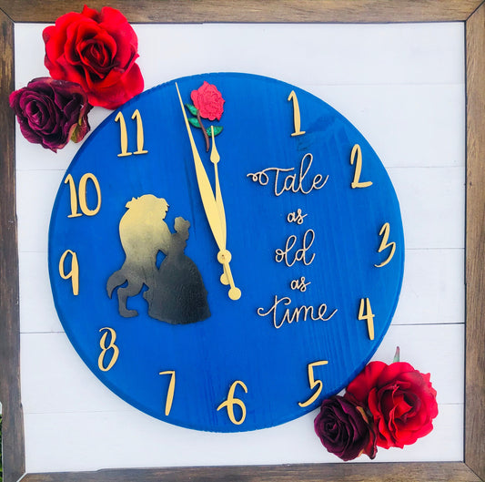 Decorative clock with silhouette of a couple and roses on a wooden frame.