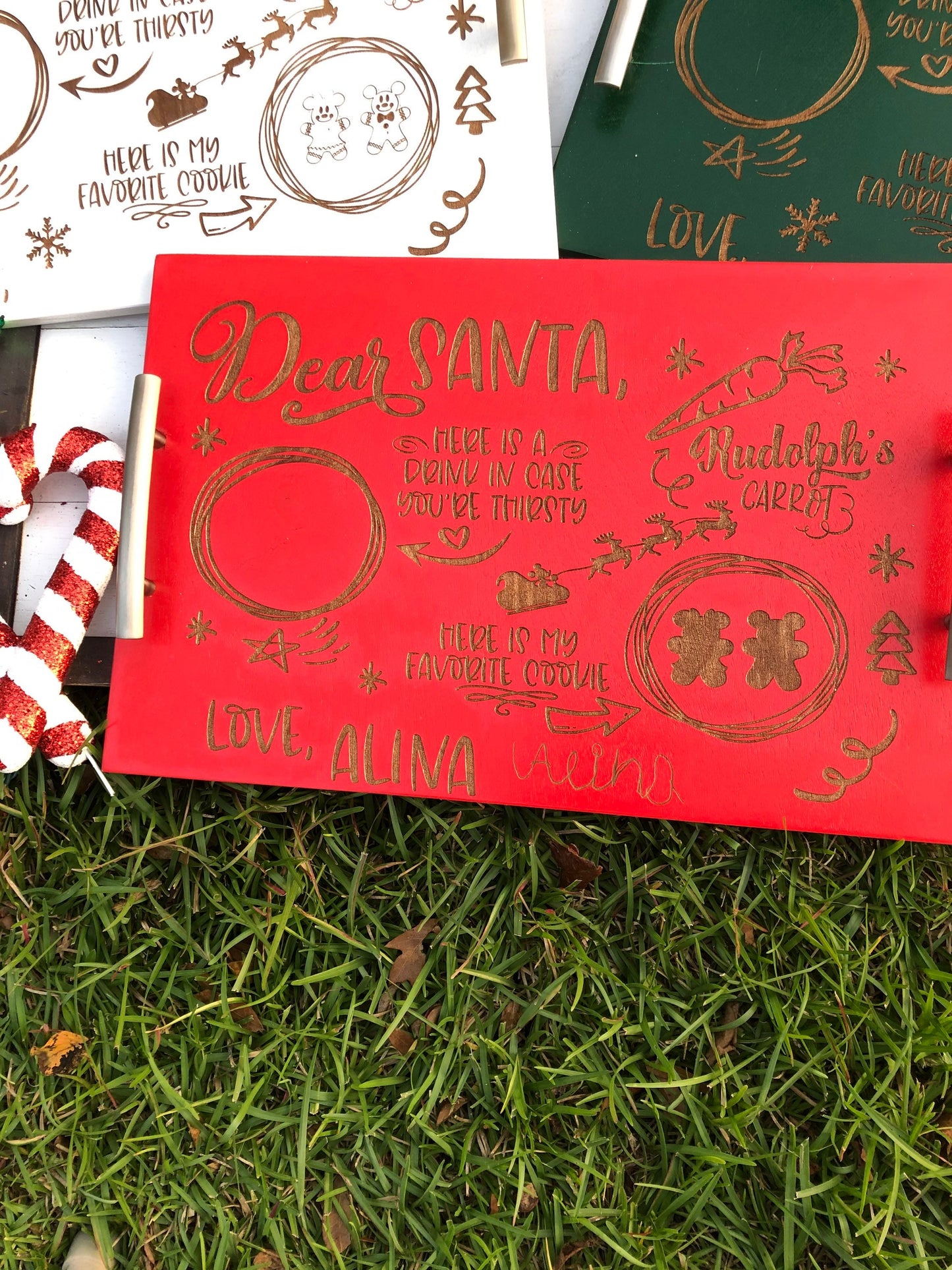 Red letter to Santa with personalized text on a grassy background