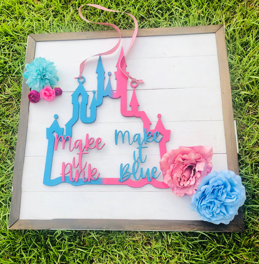 Decorative sign with 'make it Pink' and 'make it Blue' text on a grass background