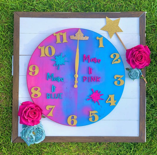 Colorful clock with floral decorations on a grass background