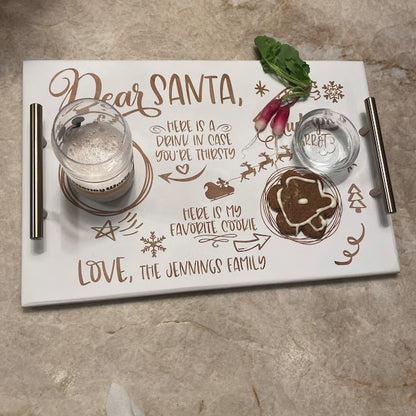 Personalized Christmas tray with Santa-themed design on a stone surface