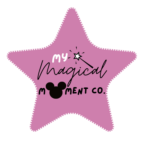 Pink star-shaped logo with 'my magical moment co.' text and a Mickey Mouse head icon on a white background.