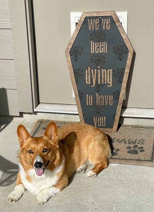 Dog sitting in front of a decorative sign with text on a porch.