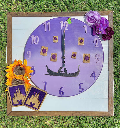 Decorative clock with purple face and wooden frame on grass