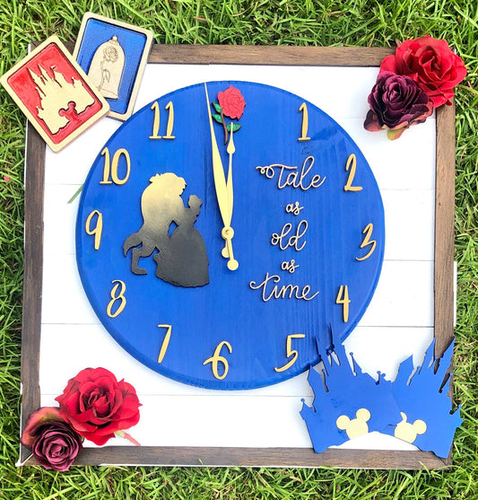 Decorative clock with fairy tale design on a grass background