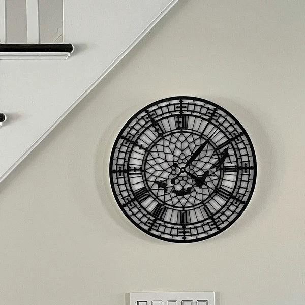 Black wall clock on a light gray wall