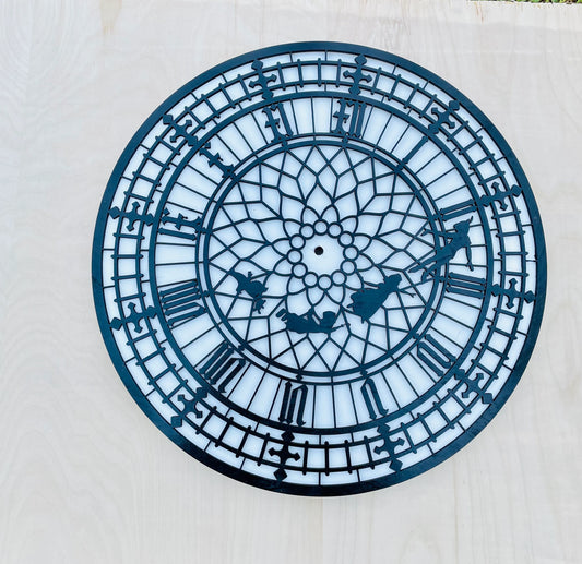Decorative clock face with intricate design on a white background